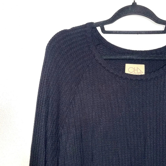 Chaser Solid Black Tie Hem Dolman Sleeve Waffle Knit Relaxed Top Medium Women’s - Picture 3 of 10